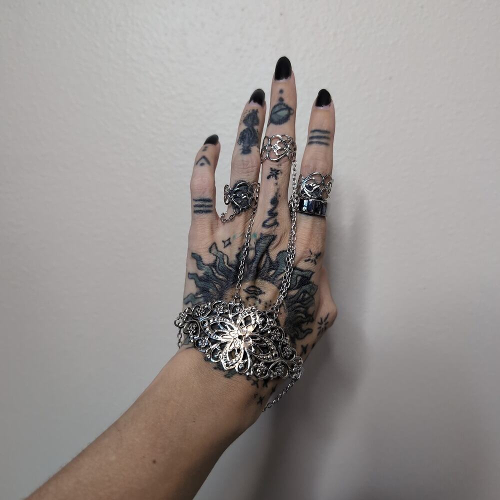 Silver Filigree Hand Chain with Rings Gothic